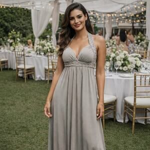 Arestta Braided Halter Silky Maxi Dress – Gray/Taupe (Size 40 / US 6)